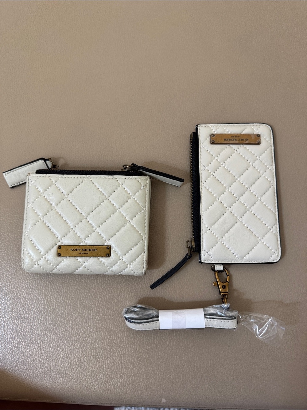 Kurt Geiger White Quilted Leather Wallet & Coin Pouch Set with Strap